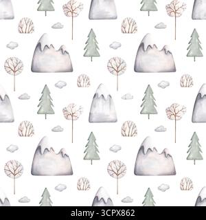 Handgezeichnetes nahtloses Aquarellmuster mit grauen, verschneiten Bergen und Winterbäumen. Niedliches Zeichentrickmuster für Kinder. Stockfoto