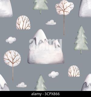 Aquarell handgezeichnetes nahtloses Muster mit grauen schneebedeckten Bergen und Winterbaum auf grauem Hintergrund. Niedliches Zeichentrickmuster für Kinder. Stockfoto