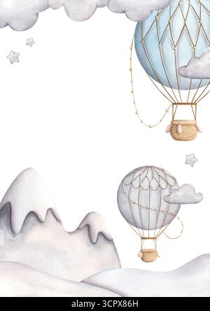 Handgezeichnete Aquarellillustration, Rahmen mit Heißluftballons, schneebedeckte Berge, Schneewehungen und Wolken. Niedliche Zeichentrickkarte für Kinder. Stockfoto