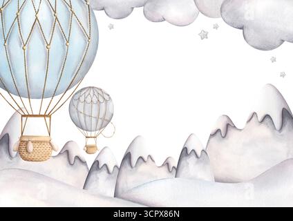 Handgezeichnete Aquarellillustration, Rahmen mit Heißluftballons, verschneite Berge, Schneewehungen und Wolken, Sterne. Niedliche Zeichentrickkarte für Kinder. Stockfoto