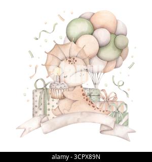 Geburtstagsparty Für Dinosaurier. Handgezeichnete Aquarellillustration mit Baby-Dino mit Cupcake und Kerze, mit Ballons, Geschenken und Konfetti. Tiere des Stockfoto