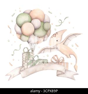 Geburtstagsparty Für Dinosaurier. Aquarell handgezeichnete Illustration mit Baby Pterodactyl, mit Ballons, Geschenken und Konfetti. Tiere des Jura. Stockfoto