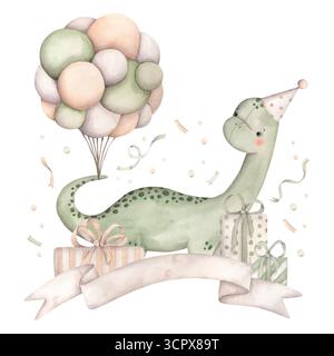 Geburtstagsparty Für Dinosaurier. Handgezeichnete Aquarellillustration mit Baby-Dino in einer Kappe, mit Ballons, Geschenken und Konfetti. Tiere der Jurassischen Perio Stockfoto