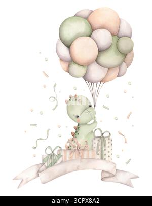 Geburtstagsparty Für Dinosaurier. Handgezeichnete Aquarellillustration mit Baby-Dino mit Ballons, Geschenken und Konfetti. Tiere des Jura. Dino-Th Stockfoto