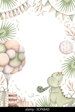 Geburtstagsparty Für Dinosaurier. Handgezeichneter Aquarellrahmen mit kleinen tyrannosaurus, Pfeife, tropischen Pflanzen, Ballons, Geschenken und Konfetti. Dino-Stil Stockfoto