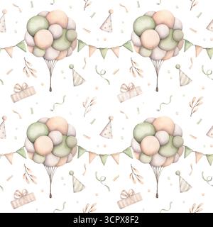 Geburtstagsparty Für Dinosaurier. Aquarellfarben, handgezeichnetes nahtloses Muster mit Ballons in Pastellfarben, Flaggen, Gifr und Konfetti. Niedliches Zeichentrickmuster Stockfoto