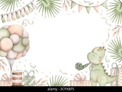 Geburtstagsparty Für Dinosaurier. Handgezeichneter Aquarellrahmen mit kleinen tyrannosaurus, Pfeife, tropischen Pflanzen, Ballons, Geschenken und Konfetti. Dino-Stil Stockfoto