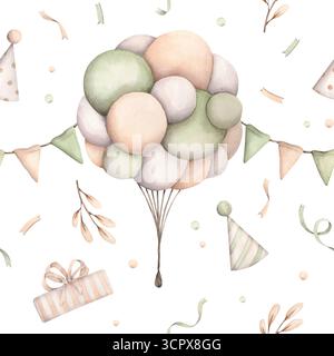Geburtstagsparty Für Dinosaurier. Aquarellfarben, handgezeichnetes nahtloses Muster mit Ballons in Pastellfarben, Flaggen, Gifr und Konfetti. Niedliches Zeichentrickmuster Stockfoto