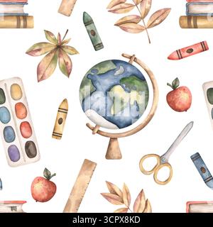 Zurück zur Schule. Handgezeichnetes nahtloses Aquarellmuster mit Globus, Schulbedarf und Herbstlaub. Niedlicher Schuldruck für Kinder auf weißem Hintergrund Stockfoto