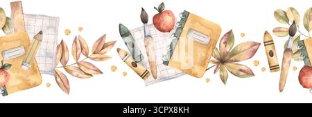 Zurück zur Schule. Aquarell, handgezeichnetes, nahtloses horizontales Brett mit Schulbedarf, Apfel und Herbstlaub. Niedliches Schulmuster für Kinder Stockfoto