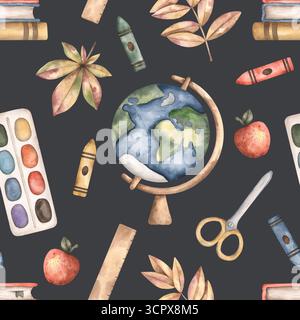Zurück zur Schule. Handgezeichnetes nahtloses Aquarellmuster mit Globus, Schulbedarf und Herbstlaub. Niedlicher Schuldruck für Kinder auf grauem Hintergrund Stockfoto