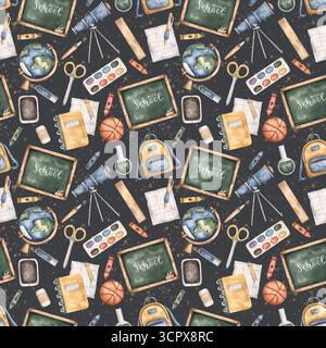 Zurück zur Schule. Aquarellfarben nahtloses Muster mit Globus, Tablet, Notebook, Blatt, Tafel, Ball, Rucksack, Teleskop, Apfel und Schulaufsatz Stockfoto