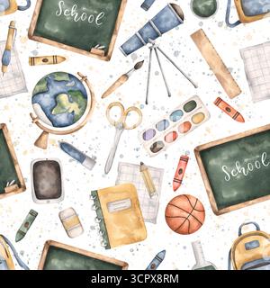 Zurück zur Schule. Aquarellfarben nahtloses Muster mit Globus, Tablet, Notebook, Blatt, Tafel, Ball, Rucksack, Teleskop, Apfel und Schulaufsatz Stockfoto