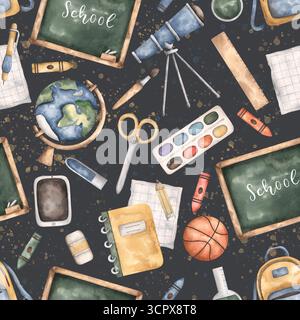Zurück zur Schule. Aquarellfarben nahtloses Muster mit Globus, Tablet, Notebook, Blatt, Tafel, Ball, Rucksack, Teleskop, Apfel und Schulaufsatz Stockfoto