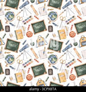 Zurück zur Schule. Aquarellfarben nahtloses Muster mit Globus, Tablet, Notebook, Blatt, Tafel, Ball, Rucksack, Teleskop, Apfel und Schulaufsatz Stockfoto