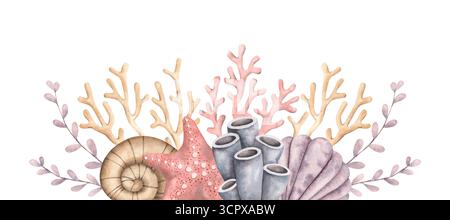 Unter dem Meer. Handgezeichneter Rand mit Korallen, Algen, Muscheln und Seesternen. Tiere und Pflanzen der Unterwasserwelt. Frami im Meeresstil Stockfoto