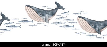 Unter dem Meer. Aquarell handgezeichneter horizontaler Rand mit Walen und Fischschwärmen. Nahtloses Muster mit Meeresmotiv. Niedliches Zeichentrickmuster für Kinder. Stockfoto