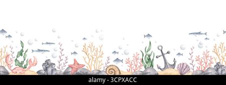 Unter dem Meer. Handgezeichnete Aquarelltapete mit Fischen und Meerespflanzen der Unterwasserwelt. Nahtloses Muster mit Meeresmotiv. Niedliche Zeichentrickborte für Stockfoto