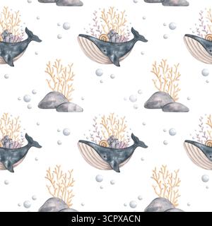 Unter dem Meer. Aquarellfarben, handgezeichnetes nahtloses Muster mit Walen, Algen, Korallen, Muscheln, Steinen und Blasen. Tiere und Pflanzen des Unterwassers Stockfoto