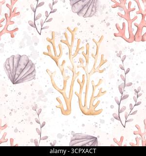 Unter dem Meer. Handgezeichnetes nahtloses Aquarellmuster mit Korallen-, Algen-, Muscheln- und Aquarellflecken. Tiere und Pflanzen der Unterwasserwelt Stockfoto