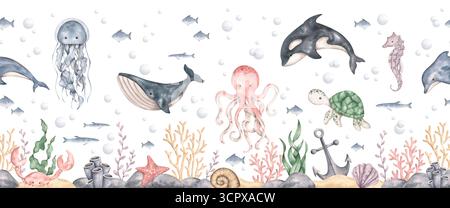 Unter dem Meer. Handgezeichnete Aquarelltapete mit Meerestieren und Pflanzen der Unterwasserwelt. Nahtloses Muster mit Meeresmotiv. Niedlicher Karikaturrand f Stockfoto