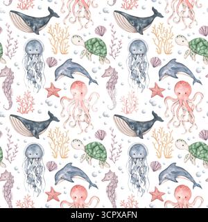 Unter dem Meer. Handgezeichnetes nahtloses Aquarellmuster mit Meerestieren, Pflanzen und Blasen. Das Leben der Unterwasserwelt. Niedliches Zeichentrickmuster für KI Stockfoto