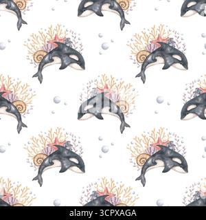 Unter dem Meer. Aquarellfarben, handgezeichnetes nahtloses Muster mit Orca, Seesternen, Korallen, Meerespflanzen, Muscheln und Blasen. Tiere und Pflanzen der Unte Stockfoto