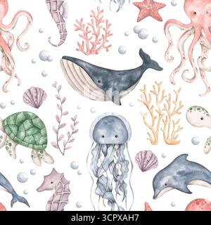 Unter dem Meer. Handgezeichnetes nahtloses Aquarellmuster mit Meerestieren, Pflanzen und Blasen. Das Leben der Unterwasserwelt. Niedliches Zeichentrickmuster für KI Stockfoto