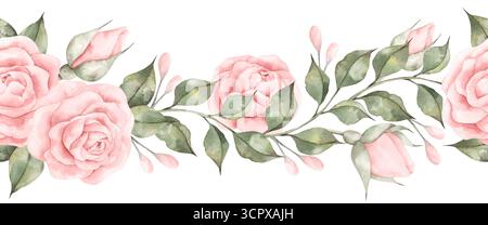 Pinke Träume. Handgezeichneter horizontaler Rand in Aquarell mit rosa Rosenstrauch, mit Rosen, Knospen und Blättern. Nahtloses Muster für Mädchen. Fairyt Stockfoto