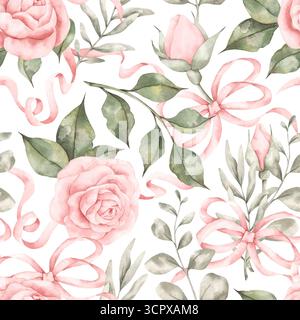 Pinke Träume. Handgezeichnetes, nahtloses Aquarellmuster mit rosa Rosen, Knospen, Blättern und Zweigen von Eukalyptus, verflochten mit rosa Bändern und Schleifen. Stockfoto