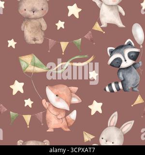 Waldlandschaft. Aquarell handgezeichnetes nahtloses Muster mit lustigen Waldtieren auf braunem Hintergrund. Niedliches Muster für Kinder Stockfoto