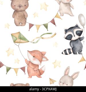 Waldlandschaft. Aquarell handgezeichnetes nahtloses Muster mit lustigen Waldtieren auf weißem Hintergrund. Niedliches Muster für Kinder Stockfoto
