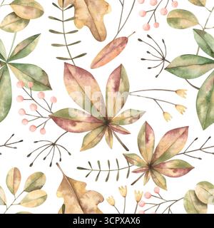 Wald. Handgezeichnetes nahtloses Aquarellmuster mit Herbstblättern und Zweigen. Botanischer Hintergrund für Tapeten, Geschenkpapier oder Textilien Stockfoto