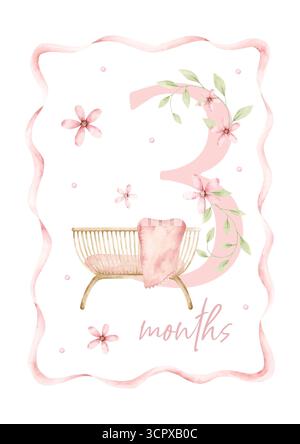 Es ist ein Mädchen. Aquarell handgezeichnete monatliche Zahlenkarten mit Kinderbett für Neugeborene, rosa Blumen und welliges Band. Drei Monate. Baby-Monatskilometer Stockfoto