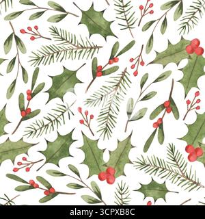 Der Nussknacker. Aquarellfarben, nahtloses Muster mit Weihnachtspflanzen - stechpalme, Weihnachtsbaumzweig, Eukalyptus, Mistel und Beeren. Warm Stockfoto