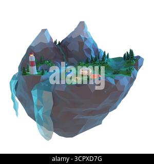 Outdoor-Aktivitätskonzept im Sommer. 3D niedriger Poly Campingplatz, ein Zelt, Lagerfeuer in der Nähe des Flusses in der Nacht. Campingbus in den Bergen. 3D-Rendering-Abbildung. Stockfoto