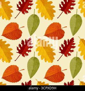 Nahtloses Herbstmuster mit fallenden Blättern. Botanische, wiederholte Textur mit Blumenelementen für die Herbstsaison. Herbstmuster mit Laub. Stockfoto