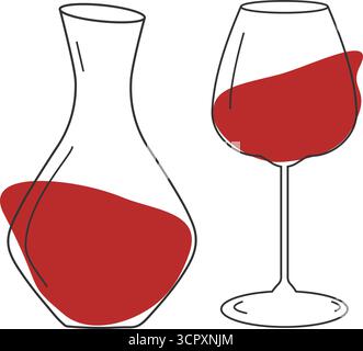 Outline Decanter und breites Weinglas mit roten Flecken als Wein. Weintagsgrüße Im Minimalistischen Design. Isolierte Vektor-Illustration Wein thematische Aufkleber Icon Piktogramm Grußkarten Poster, Flugblätter Stock Vektor
