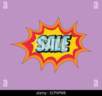 Ein auffälliges und farbenfrohes Pop-Art-Comic-Werbebanner mit dem Wort „SALE“ in einer explosiven Sprechblase. Das dynamische Design kombiniert Brig Stock Vektor
