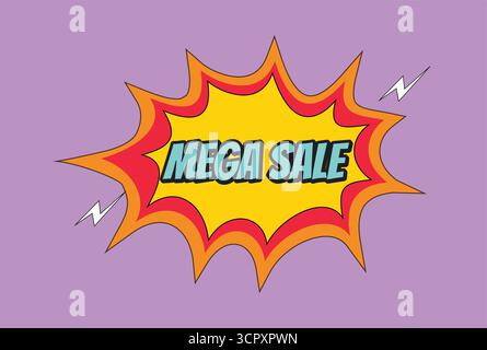 Ein lebhaftes Verkaufsbanner im Comic-Stil mit einer auffälligen Pop-Art-Sprechblase mit dynamischem „Mega Sale“-Text. Design in Retro-Pop-Farben Stock Vektor