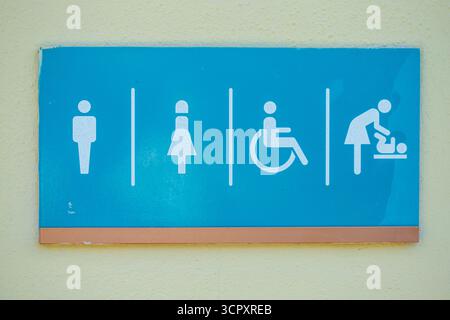 Ein blaues Schild für die Toilette mit weißen Figuren, die den Zugang für Männer, Frauen, Behinderte und die Wickelmöglichkeiten für Babys an einer gelb strukturierten Wand anzeigen. Stockfoto