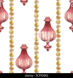 Weihnachtsfestliches nahtloses Retro-Muster mit Aquarell-roten Weihnachtsbaumdekorationen und goldener Girlande-Illustration. Neujahr Geschenkpapier desig Stockfoto