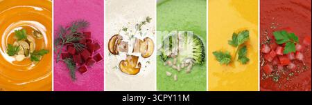 Glatte und samtige Essensstruktur. Verschiedene Cremesuppen, Collage Stockfoto