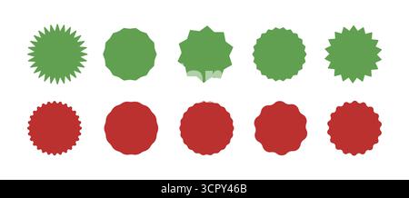 Sternförmige Tags für Geschäfte, Preise. Grüner und roter Kreisaufkleber. Leere Verkaufs-Sticker-Kollektion, einfache Silhouette. Wavy Edge Promo Schwarz Stock Vektor