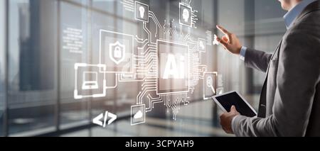 Prozessor-Konzept Für Künstliche Intelligenz. AI Big Data Array auf virtuellem Bildschirm. Stockfoto