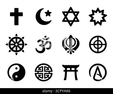 Religiöse Symbole. Christentum, Islam, Buddhismus, große Weltreligionen und Atheismus, einfache und kühne Zeichen. Sammlung von Vektorpiktogrammen. Stock Vektor
