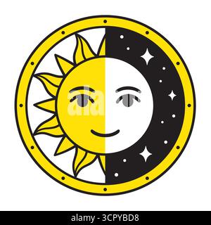 Stilisierte Halbsonne Halbmondgesichtszeichnung im Kreis. Tag und Nacht, Balance und Einheit. Niedliches einfaches Tagundnachtgleiche-Symbol. Illustration von Vektorclips Stock Vektor