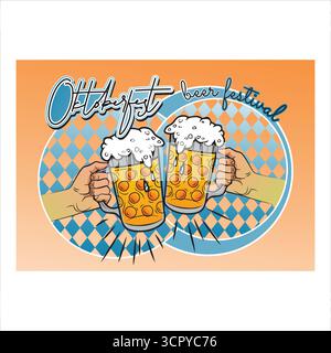deutsche, münchen, Hände halten zwei Bierbecher hoch für einen festlichen oktoberfest-Toast. Stock Vektor