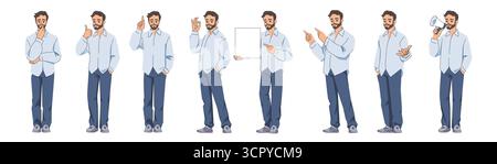 Geschäftsmann. Lässiger junger Geschäftsmann. Glücklich stehend oder mit Hemd, Jeans Kleidung zeigen. Büromitarbeiter. Gesichts-Emotionen oder Gesten. Mitarbeiter zeigt ein Plakat an. Vektor-Cartoon-Posen Set Stock Vektor