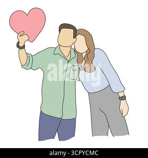 Mann mit rosa Herz mit seiner Freundin Illustration Vektor Hand gezeichnet mit schwarzen Linien Stock Vektor